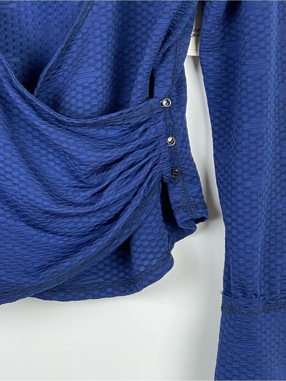 Free People Blue Textured Plunge Neck Wrap Long Sleeve Top Size M